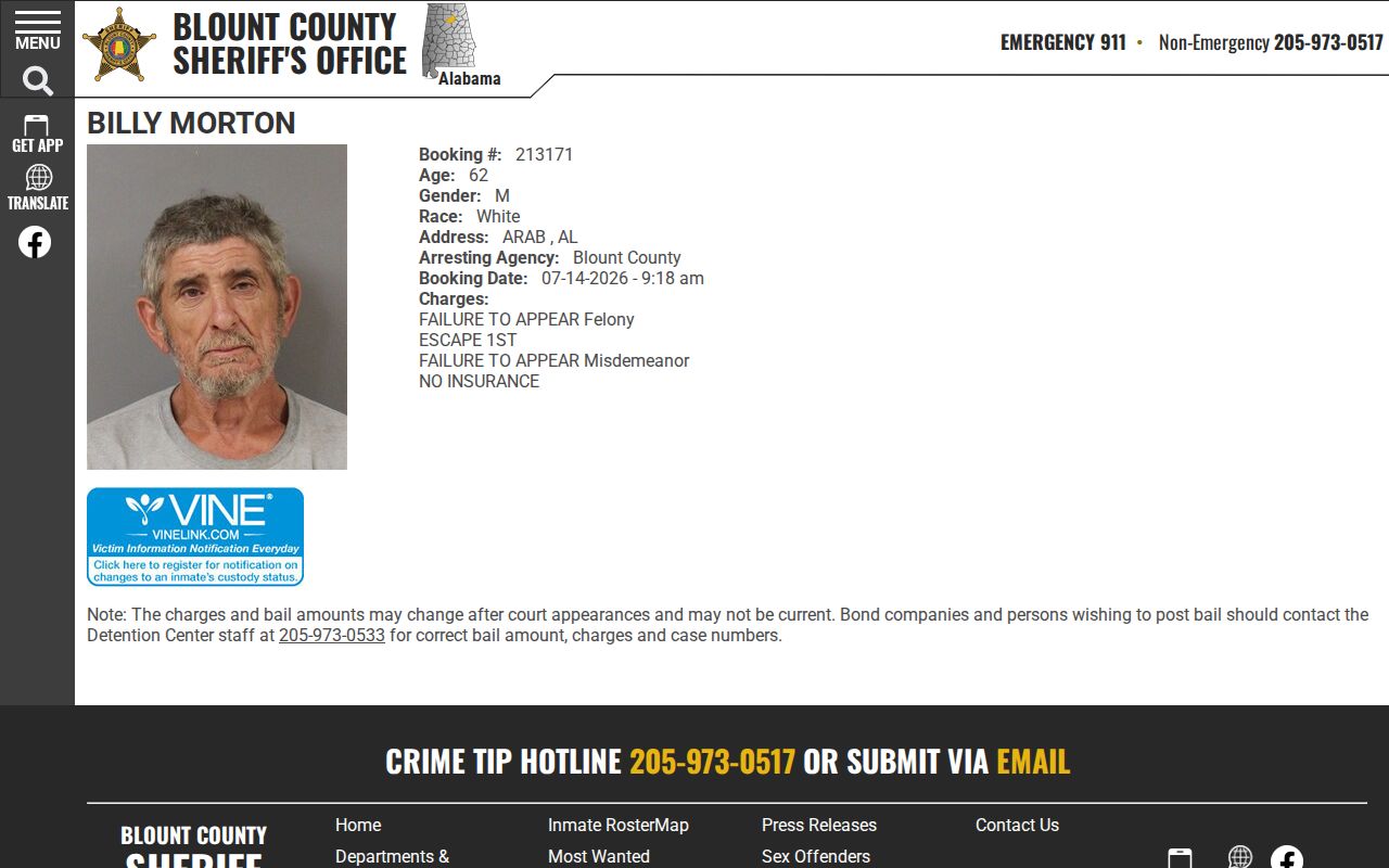 Blount County inmate records sample inmate profile fields