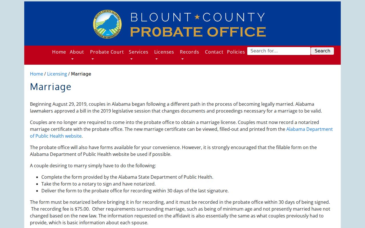Blount County marriage records probate marriage certificate recording page